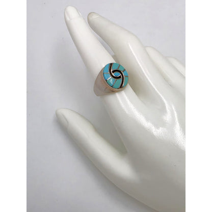 Superb Zuni Amy Quandelacy Sterling Turquoise Inlay Hummingbird Ring C. 1980s, alternate product view 2