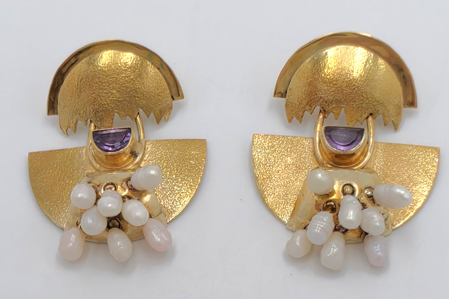 Modernist Deco Revival Amethyst Pearl Gilt Sterling Dangle Earrings C. 1980's