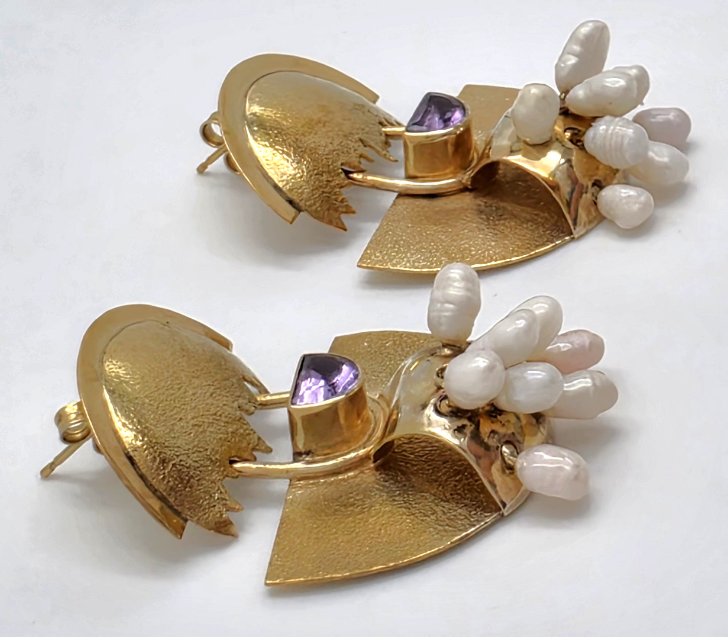 Modernist Deco Revival Amethyst Pearl Gilt Sterling Dangle Earrings C. 1980's