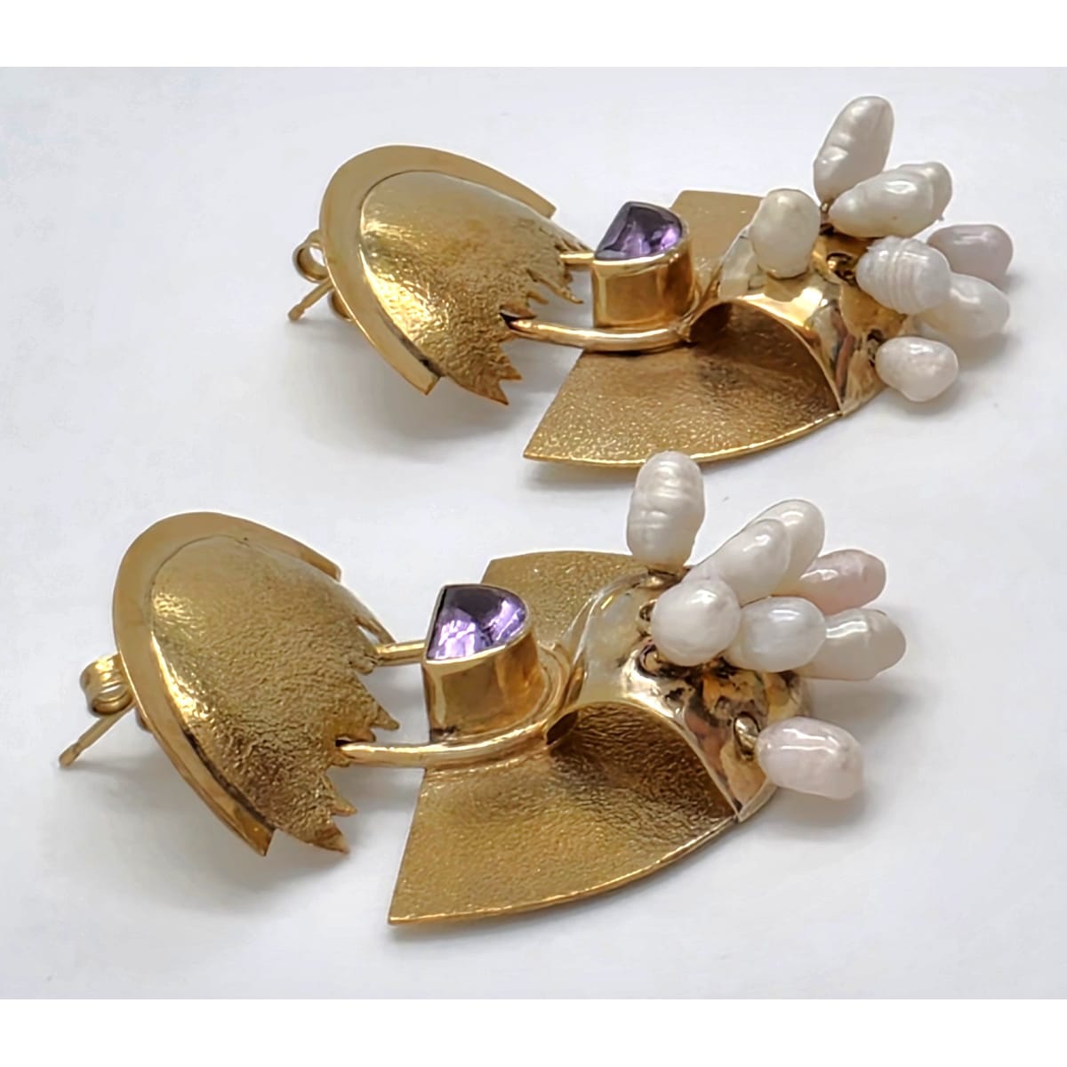 Modernist Deco Revival Amethyst Pearl Gilt Sterling Dangle Earrings C. 1980&