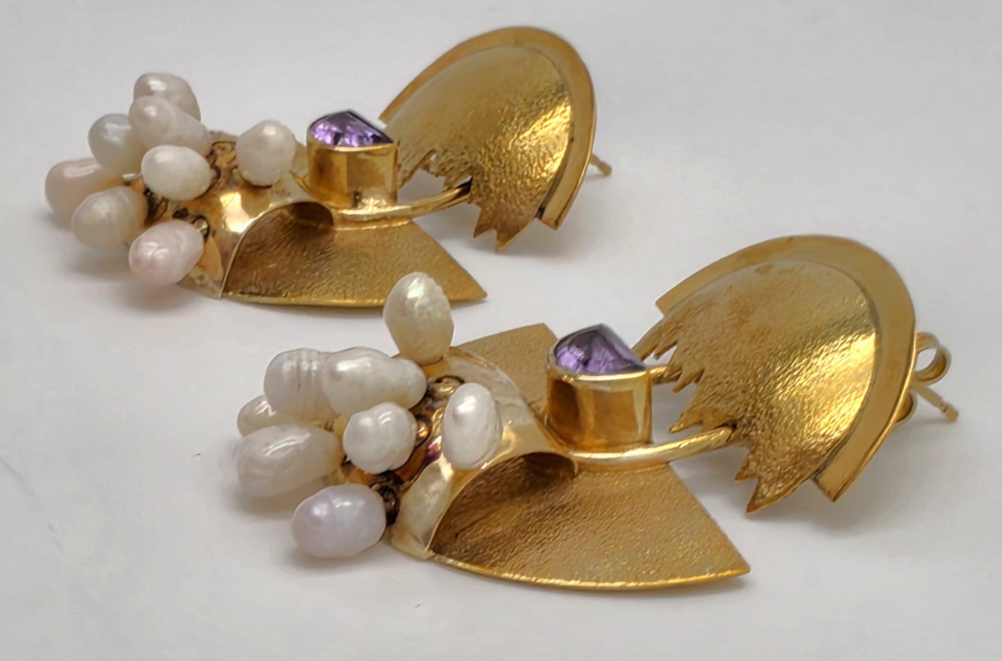 Modernist Deco Revival Amethyst Pearl Gilt Sterling Dangle Earrings C. 1980's