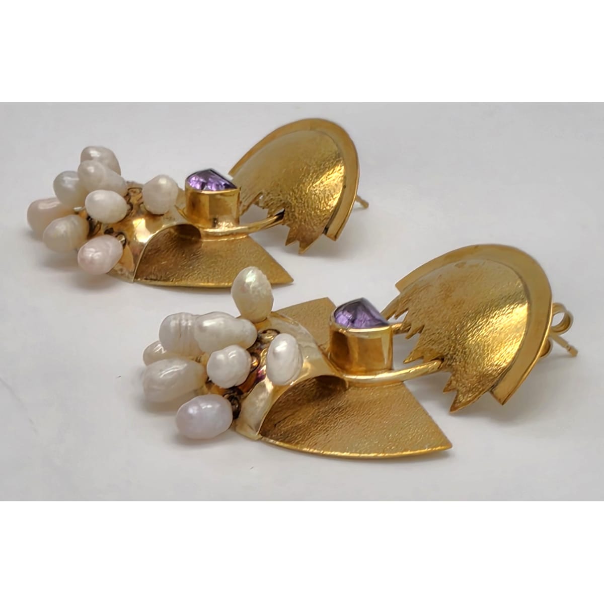 Modernist Deco Revival Amethyst Pearl Gilt Sterling Dangle Earrings C. 1980&