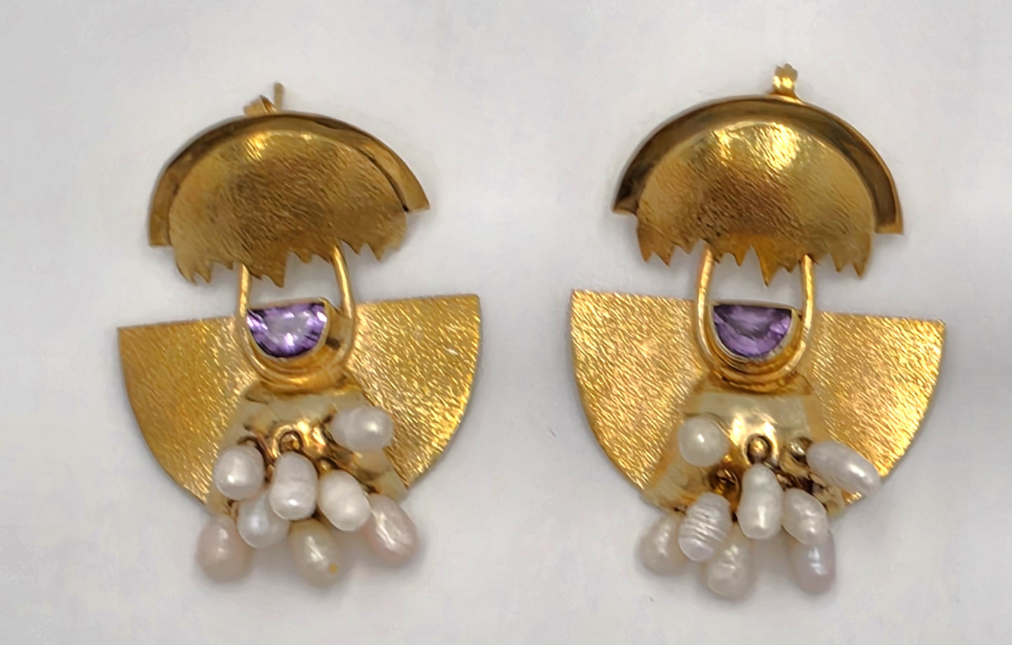 Modernist Deco Revival Amethyst Pearl Gilt Sterling Dangle Earrings C. 1980's