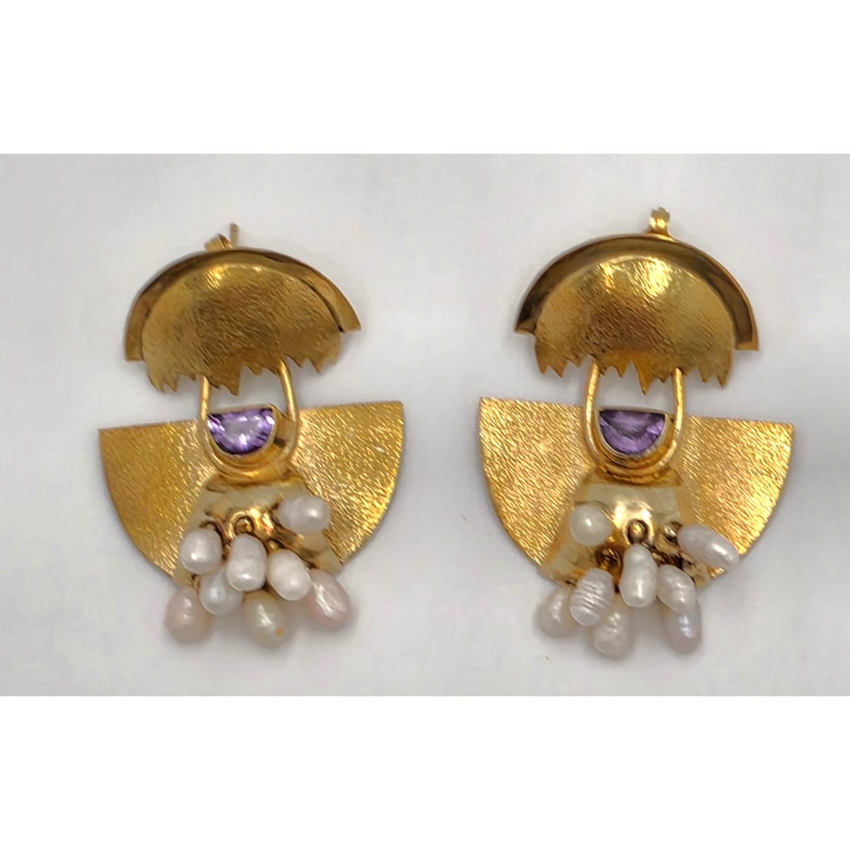 Modernist Deco Revival Amethyst Pearl Gilt Sterling Dangle Earrings C. 1980&