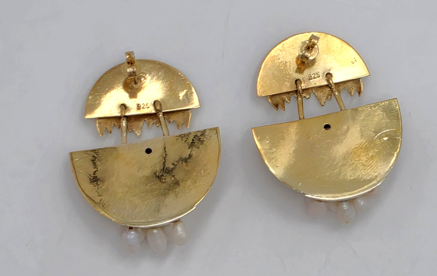 Modernist Deco Revival Amethyst Pearl Gilt Sterling Dangle Earrings C. 1980's