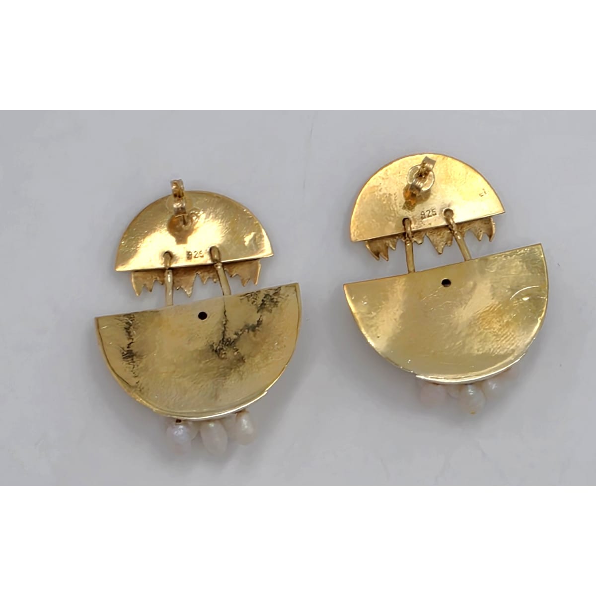 Modernist Deco Revival Amethyst Pearl Gilt Sterling Dangle Earrings C. 1980&
