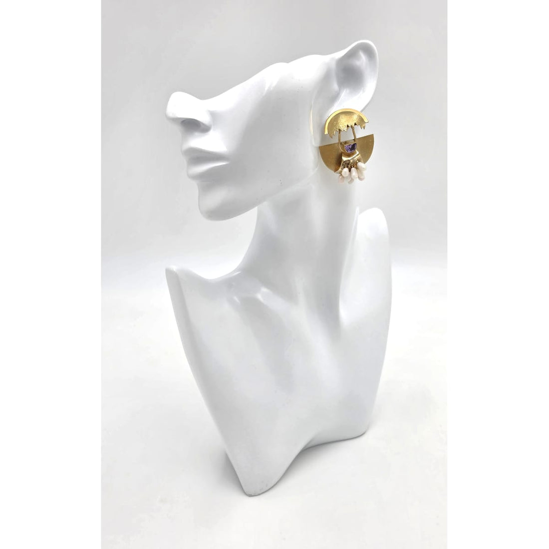 Modernist Deco Revival Amethyst Pearl Gilt Sterling Dangle Earrings C. 1980&
