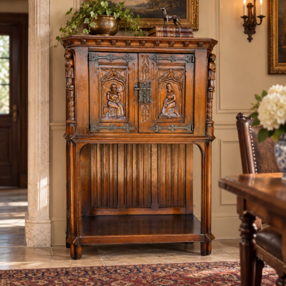 19th Century Flemish Oak &amp; Iron Neo-Renaissance/Gothic Revival Vestry Cabinet