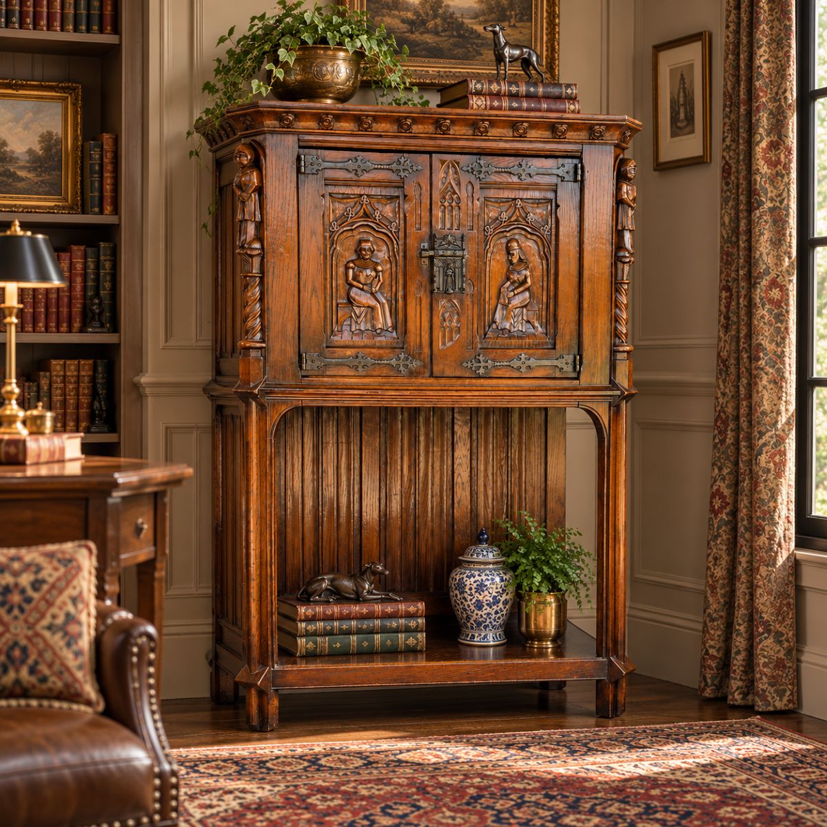 19th Century Flemish Oak &amp; Iron Neo-Renaissance/Gothic Revival Vestry Cabinet