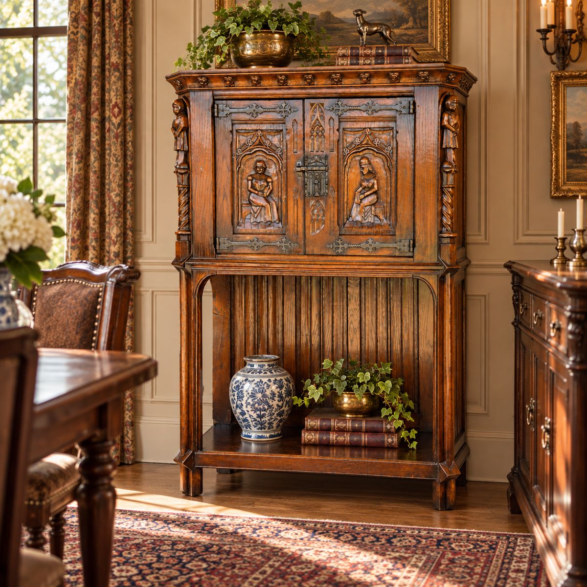 19th Century Flemish Oak &amp; Iron Neo-Renaissance/Gothic Revival Vestry Cabinet