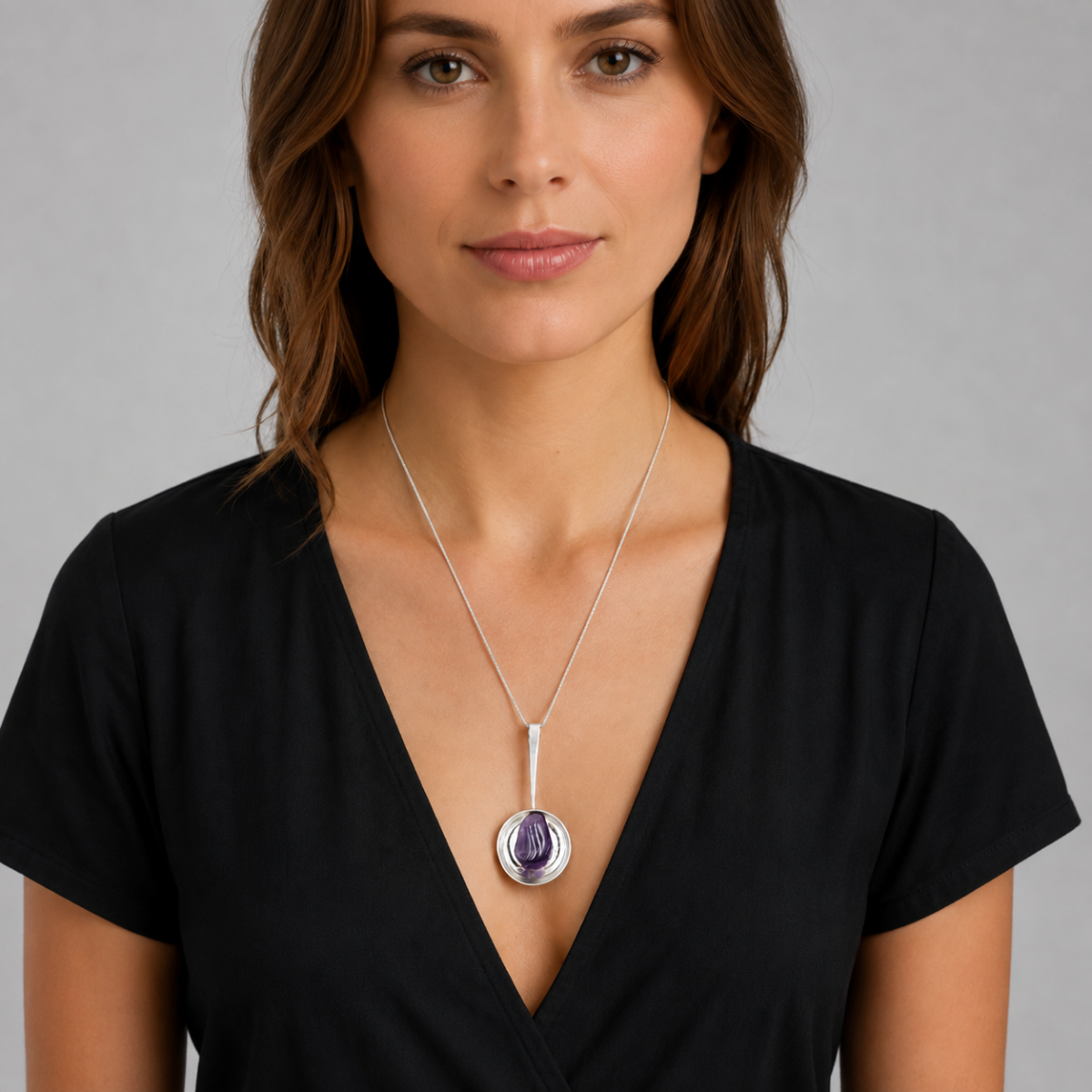 Uitstekend EC NOORWEGEN+Ontwerpen Modernistische 3D Sterling Amethist Ketting 1960s
