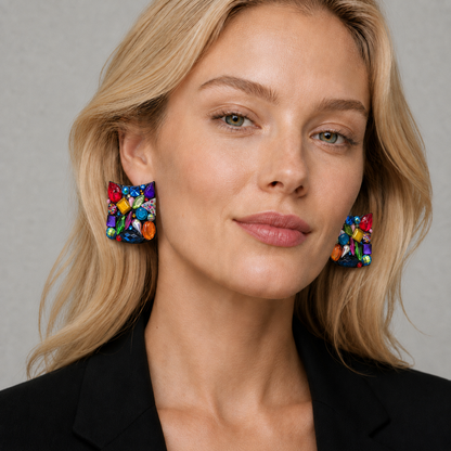 Rare Bill Schiffer XL Abstract Lucite &amp; Rhinestone Wearable Art Earrings 1988