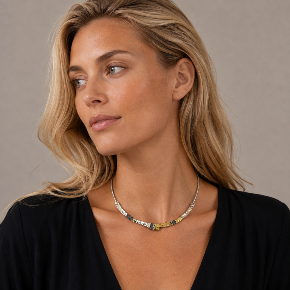 modernist Hammered Pendants Multi-Tone sterling silver and 24K gold plated Necklace