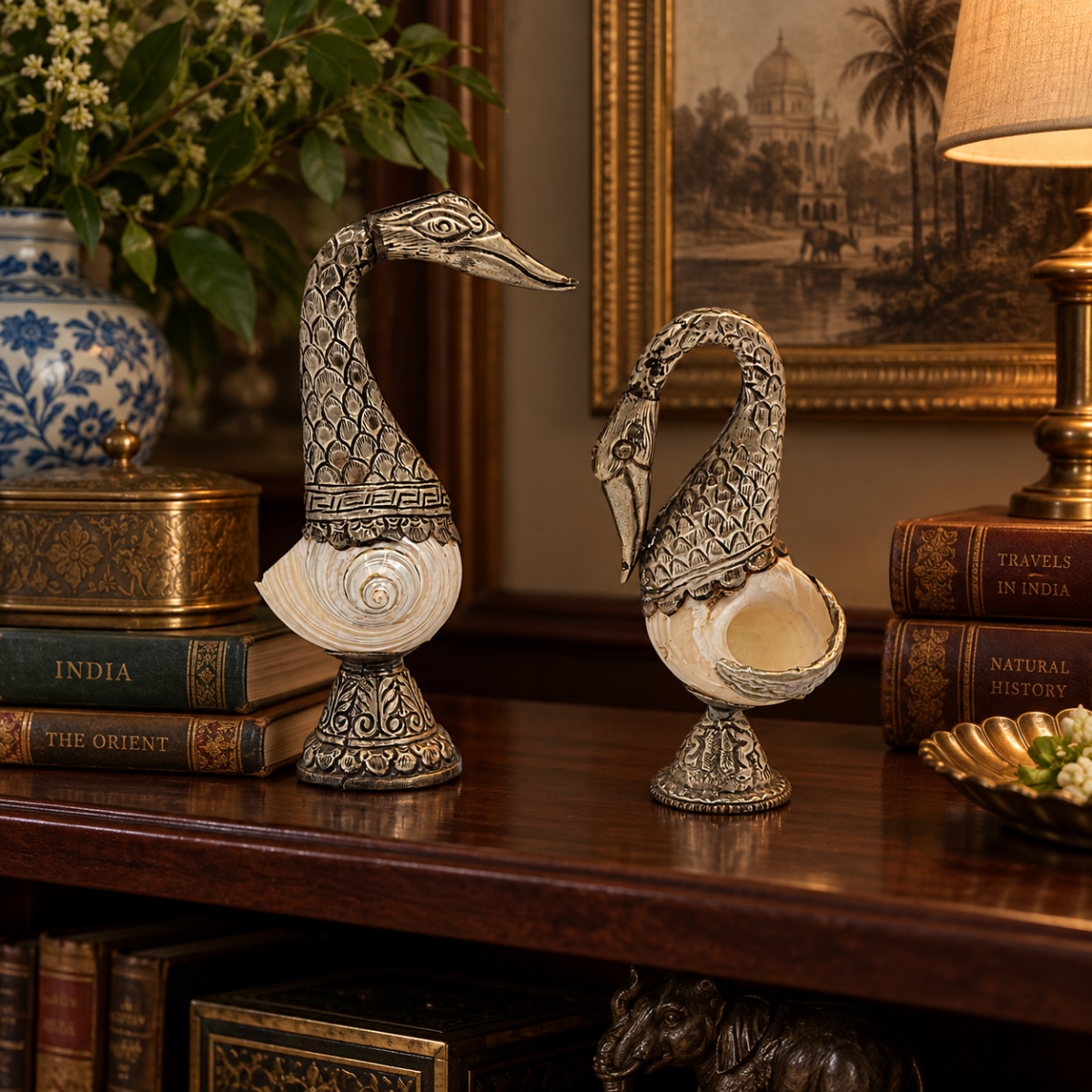 Pair of Antique Tibetan Nautilus Shell silver Mounted Swan Figural Vases