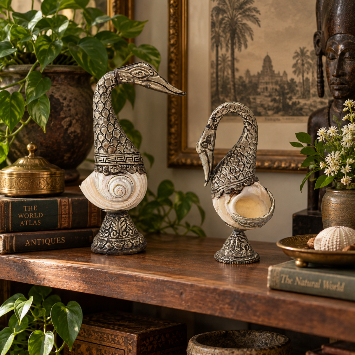 Pair of Antique Tibetan Nautilus Shell silver Mounted Swan Figural Vases