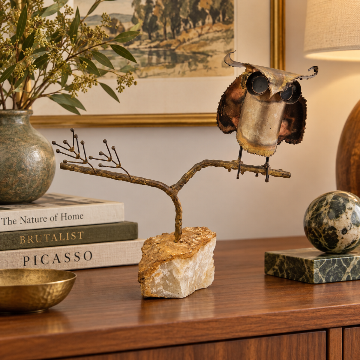 C Jere Sculpture Rare Curtis Jere Bronze Copper Stone Impressionism 3D Owl Sculpture 1967