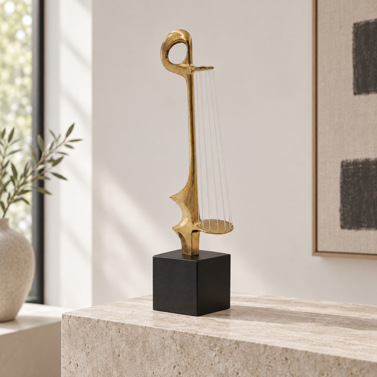 Vintage Brass &amp; Clear Acrylic String Abstract Surrealism Signed Harp Sculpture Circa 1960&