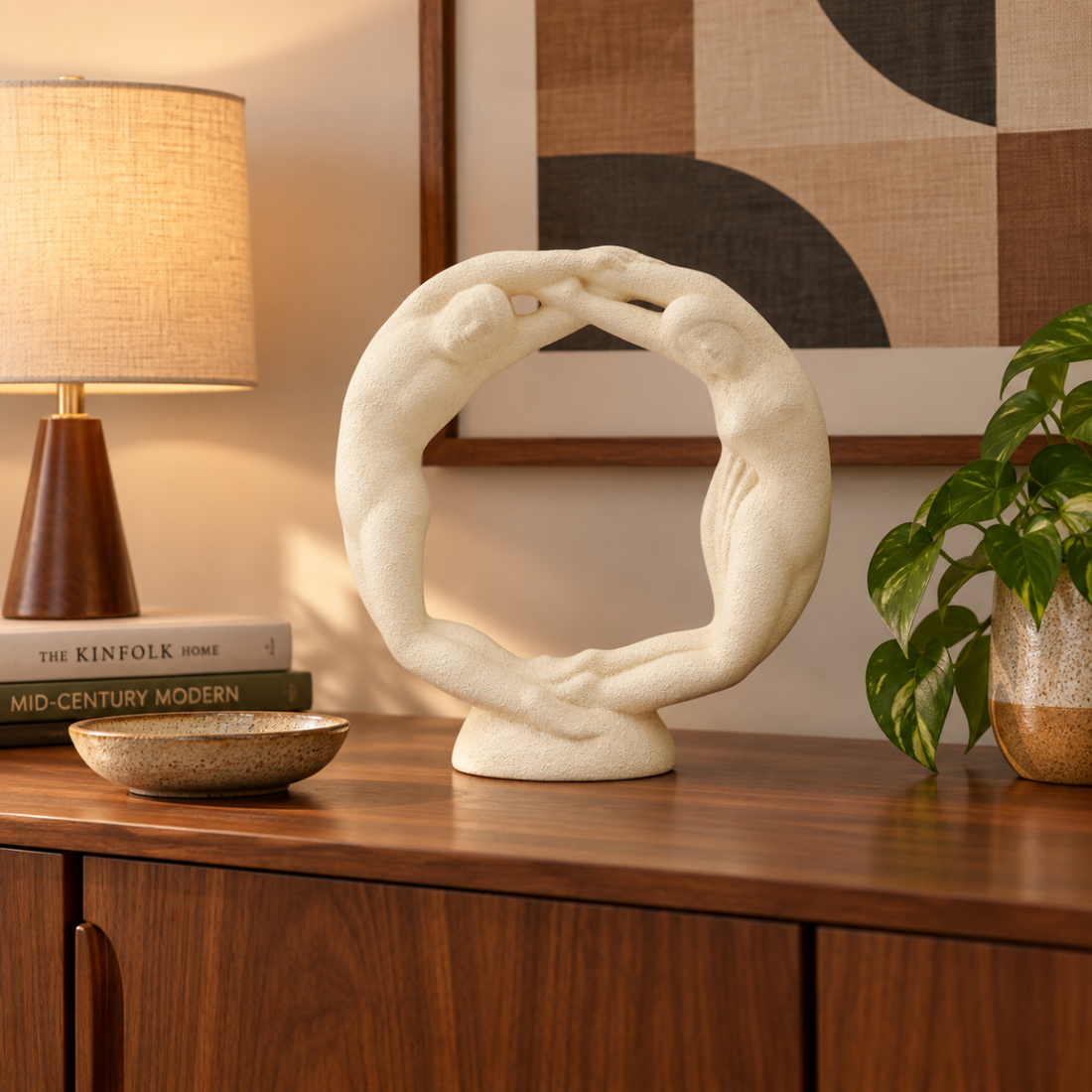 Haeger Sculpture Haeger Circle of Love Couple Textured Ivory Ceramic Sculpture 1990s