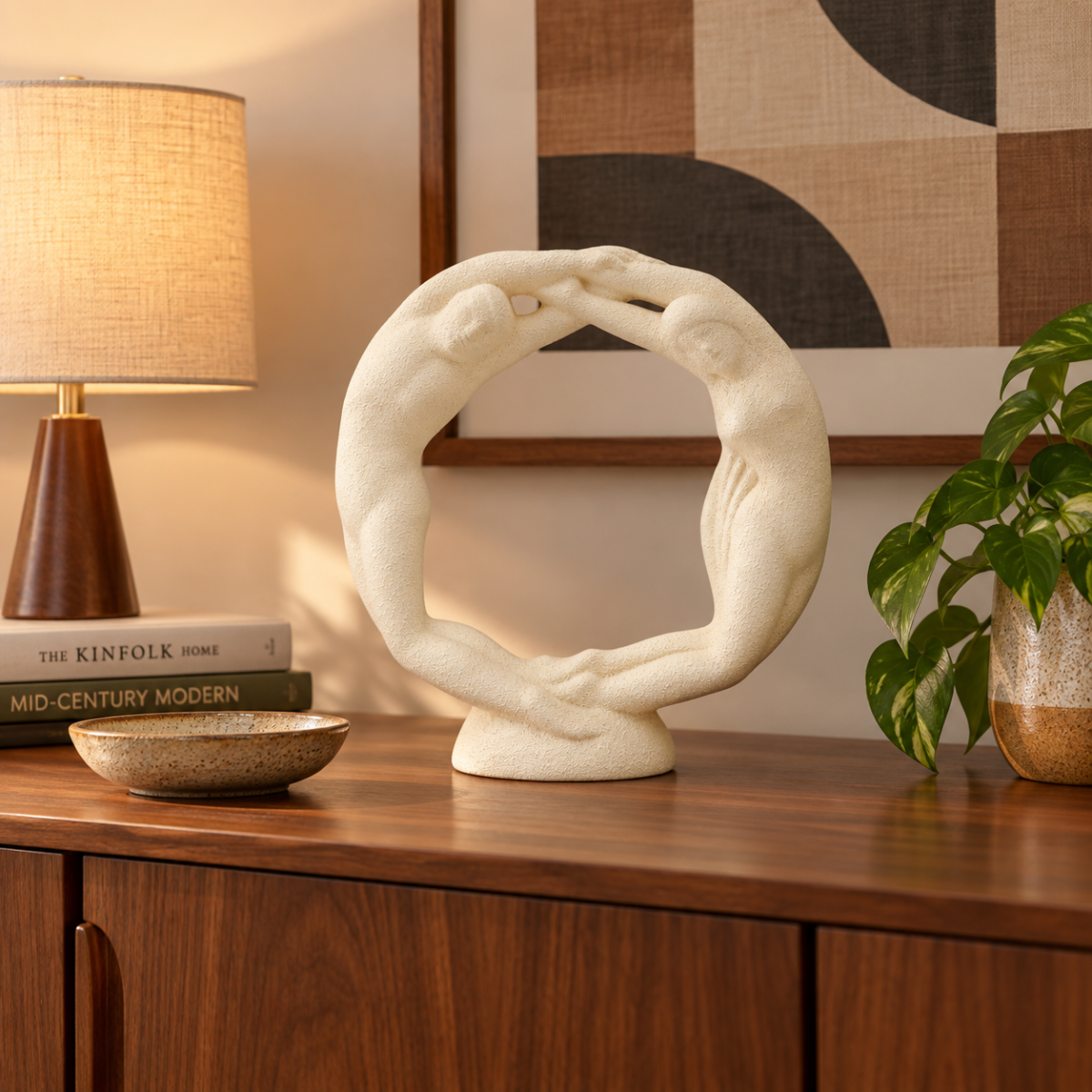 Haeger Sculpture Haeger Circle of Love Couple Textured Ivory Ceramic Sculpture 1990s