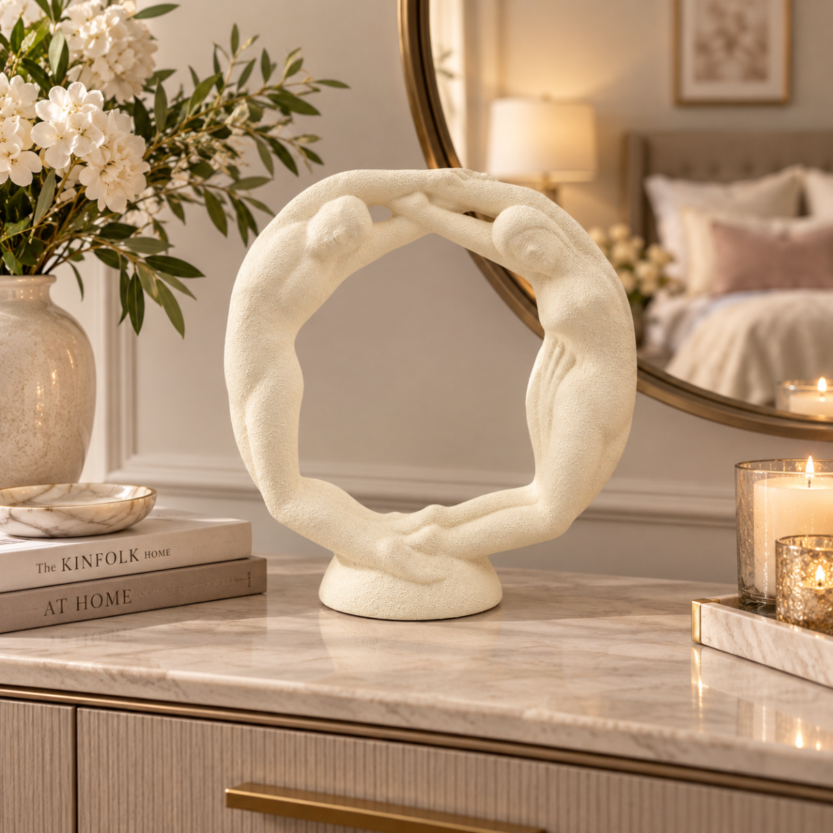 Haeger Sculpture Haeger Circle of Love Couple Textured Ivory Ceramic Sculpture 1980s