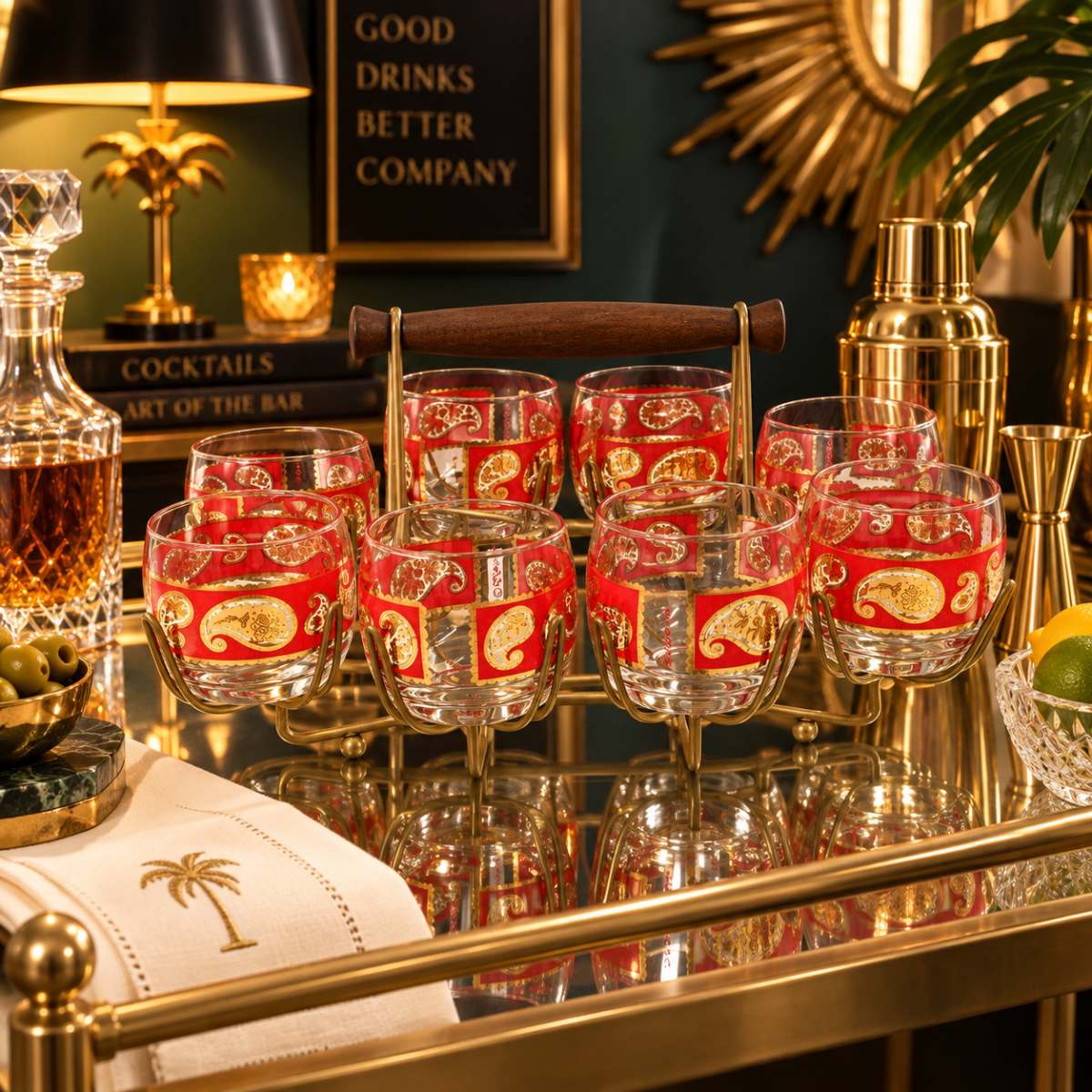 Culver Serveware Superb Culver Red Paisley 22k Gold XL Roly Poly Glasses Caddy Set Circa 1960s