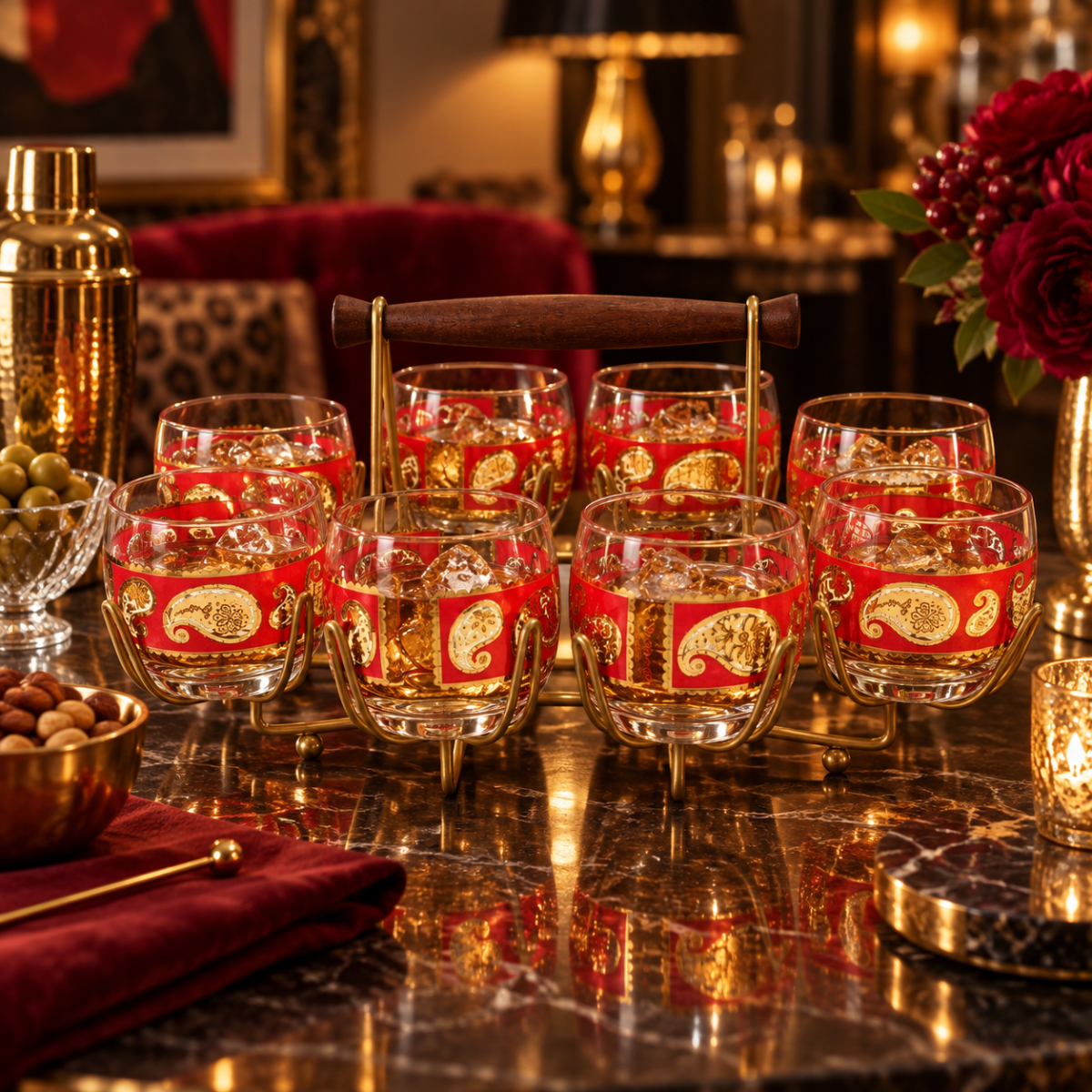 Culver Serveware Superb Culver Red Paisley 22k Gold XL Roly Poly Glasses Caddy Set Circa 1960s
