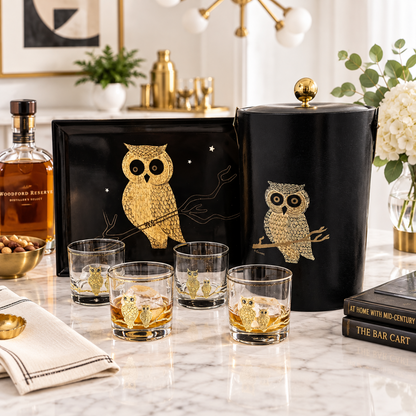 Couroc Serveware Couroc California Melamine Owl Glassware Ice Bucket Serving Tray Set 1960s