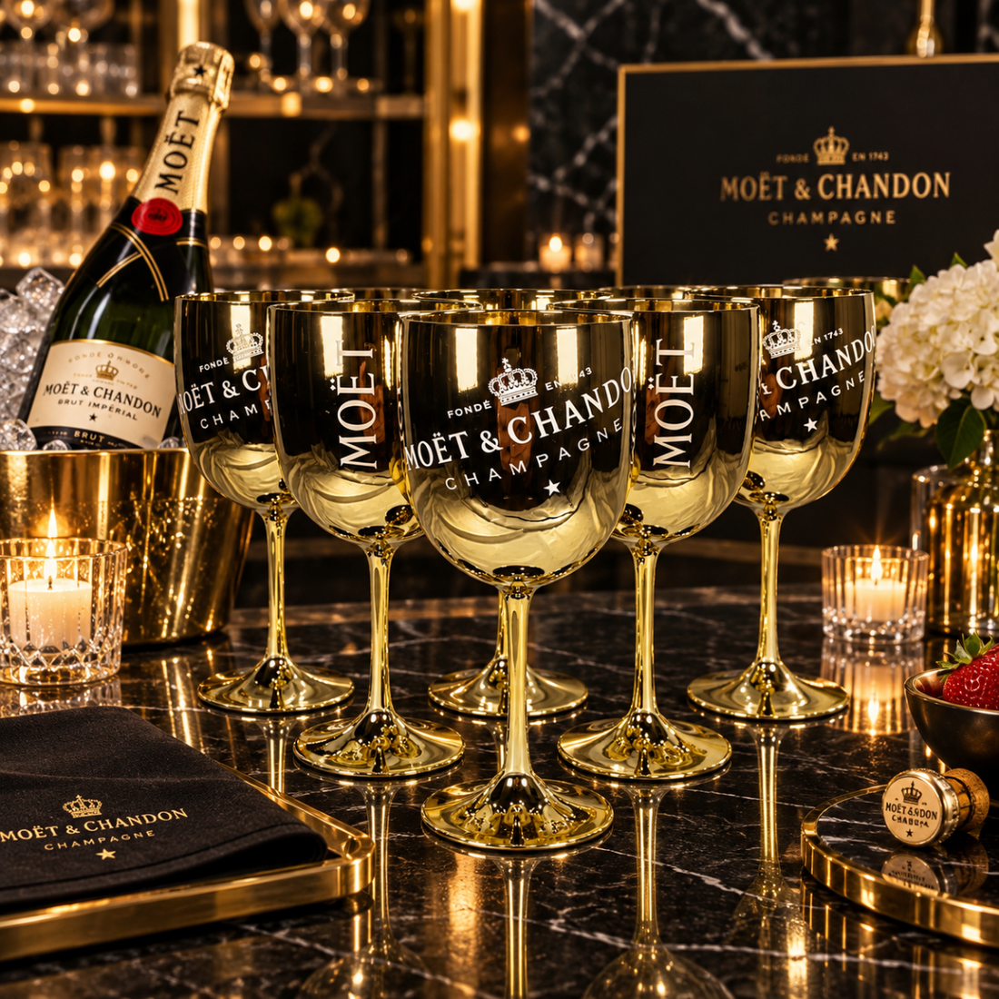 Moet Chandon Barware NOS Gold Crystal Glass Moët &amp; Chandon Wine Water Champagne Goblets IOB