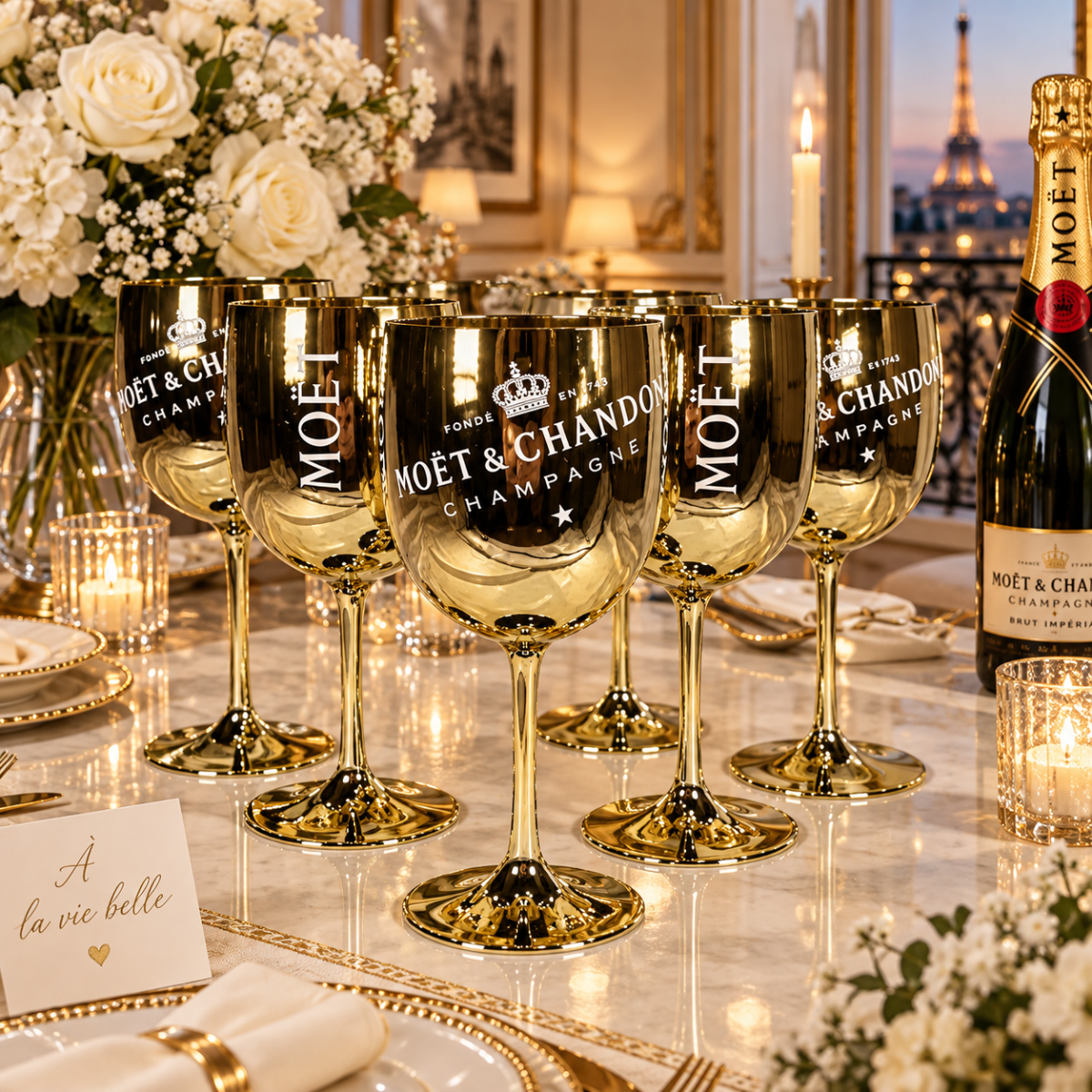 Moet Chandon Barware NOS Gold Crystal Glass Moët &amp; Chandon Wine Water Champagne Goblets IOB