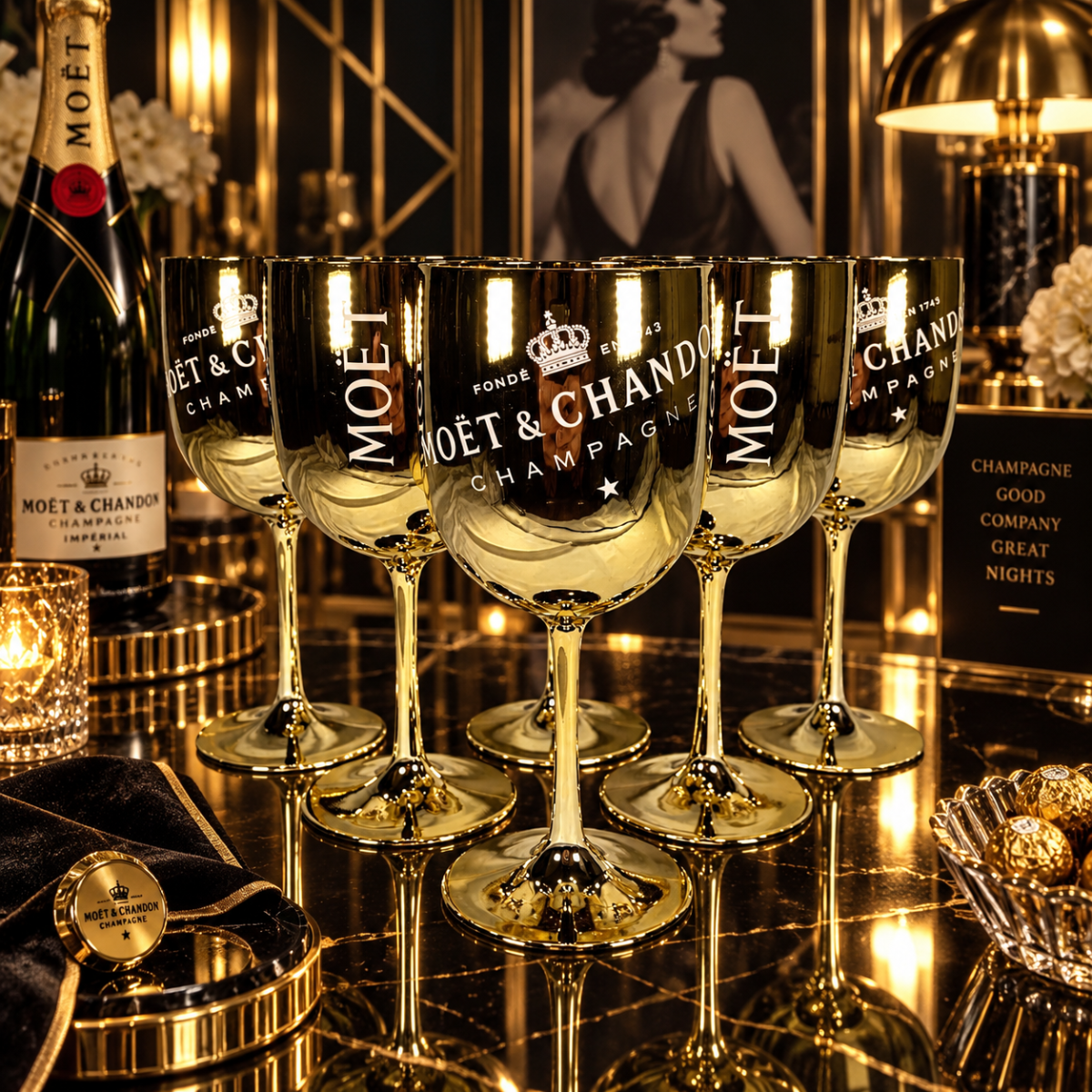 Moet Chandon Barware NOS Gold Crystal Glass Moët &amp; Chandon Wine Water Champagne Goblets IOB