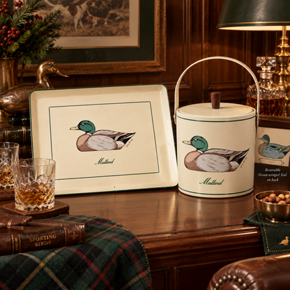 Rare Georges Briard Mallard Duck Tray &amp; Ice Bucket Rustic Barware Set 1950s,