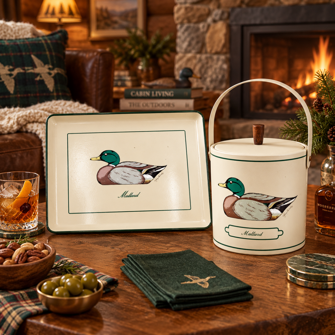 Rare Georges Briard Mallard Duck Tray &amp; Ice Bucket Rustic Barware Set 1950s,