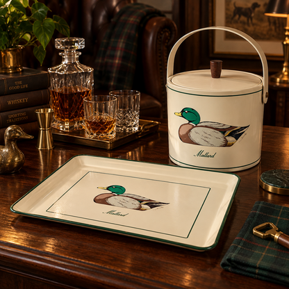 Rare Georges Briard Mallard Duck Tray &amp; Ice Bucket Rustic Barware Set 1950s,