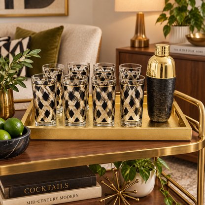 NOS Libbey Black Gold Argyle Glasses w/ Nima Oberoi Lunares Shaker Tray Set