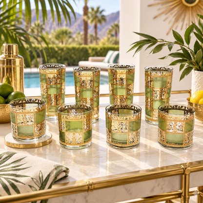 Culver Serveware Stunning Culver Prado Green 22k Gold Glassware Barware Set Circa 1960s