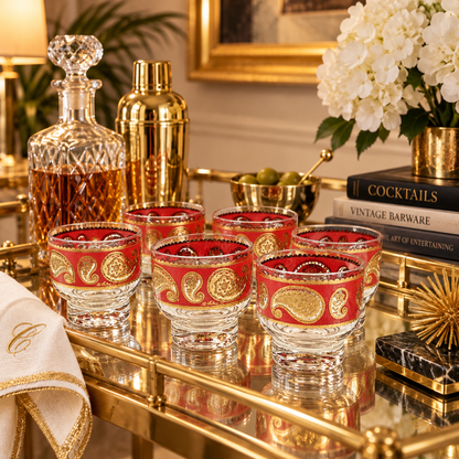Culver Serveware Superb Culver Red Paisley 22k Gold Glassware Set of 6 Circa 1960s