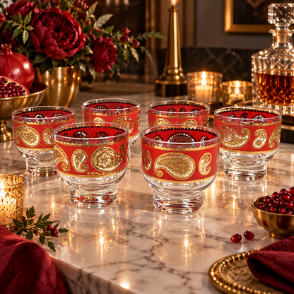 Culver Serveware Superb Culver Red Paisley 22k Gold Glassware Set of 6 Circa 1960s