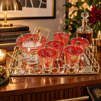 Culver Serveware Culver Red Paisley 22k Gold Glasses Ice Bucket Caddy Tray Set 1960s