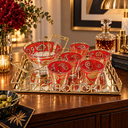 Culver Serveware Culver Red Paisley 22k Gold Glasses Ice Bucket Caddy Tray Set 1960s