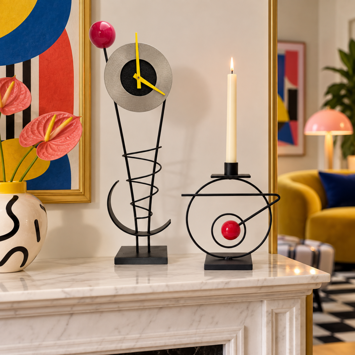 Rick Martin Clock and Candleholder Rick Martin Abstract Modernist Pop Art Memphis Style Clock &amp; Candleholder