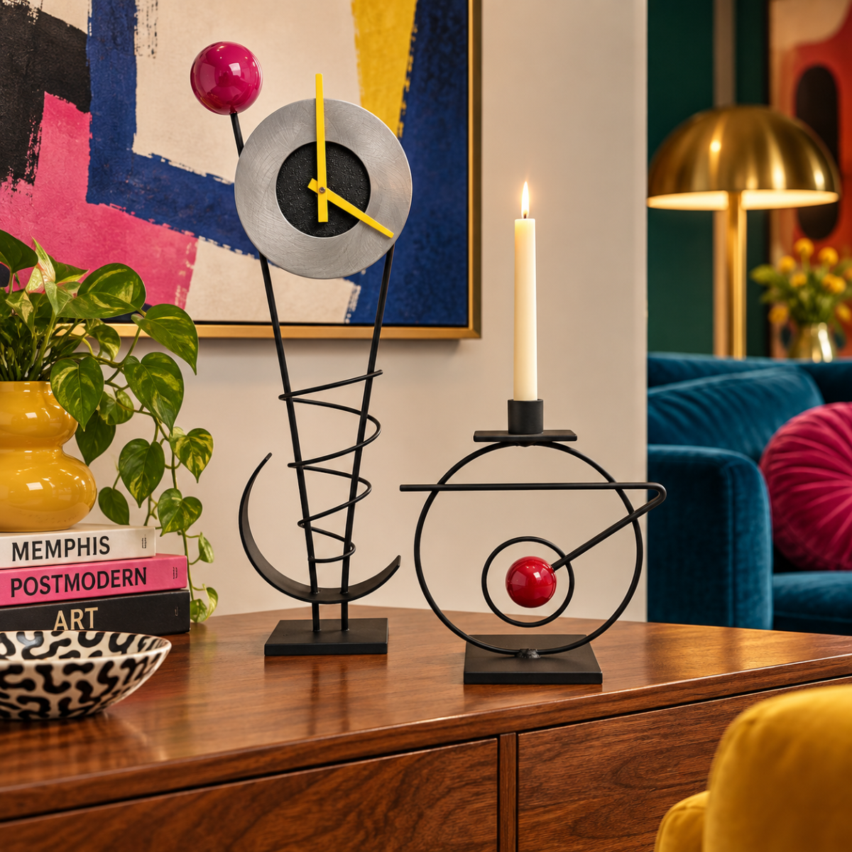 Rick Martin Clock and Candleholder Rick Martin Abstract Modernist Pop Art Memphis Style Clock &amp; Candleholder