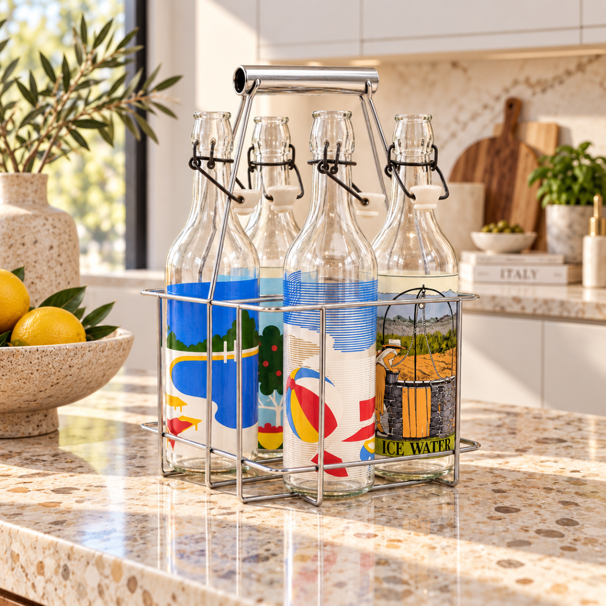 Egizia Italy Barware Set of 4 Large Vintage Water Bottles in Chrome Caddy Egizia Italy