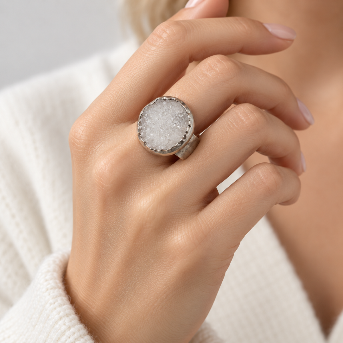Chan Luu Jewelry Designer Chan Luu Modernist Bold Sterling &amp; Drusy Quartz Crystal Ring