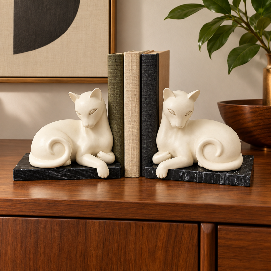 ceramic on Marble Base Cats Kittens Bookends 1960s Retro modernist