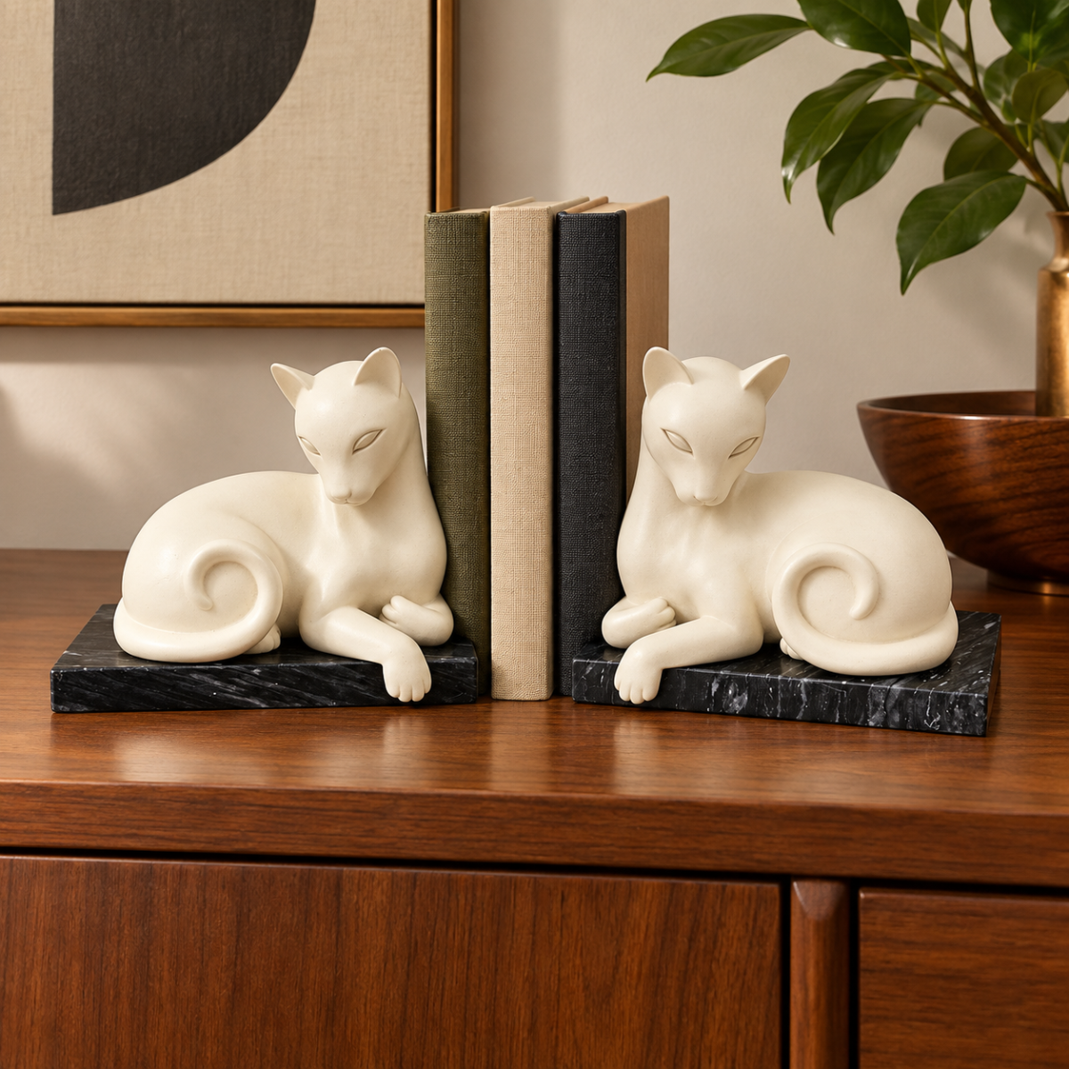 ceramic on Marble Base Cats Kittens Bookends 1960s Retro modernist