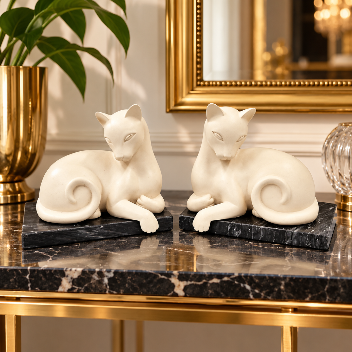 ceramic on Marble Base Cats Kittens Bookends 1960s Retro modernist