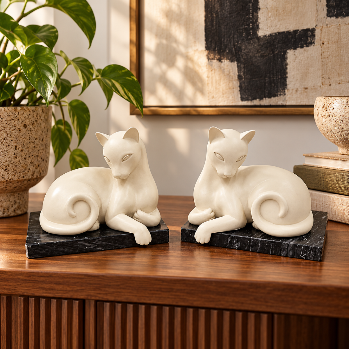 ceramic on Marble Base Cats Kittens Bookends 1960s Retro modernist