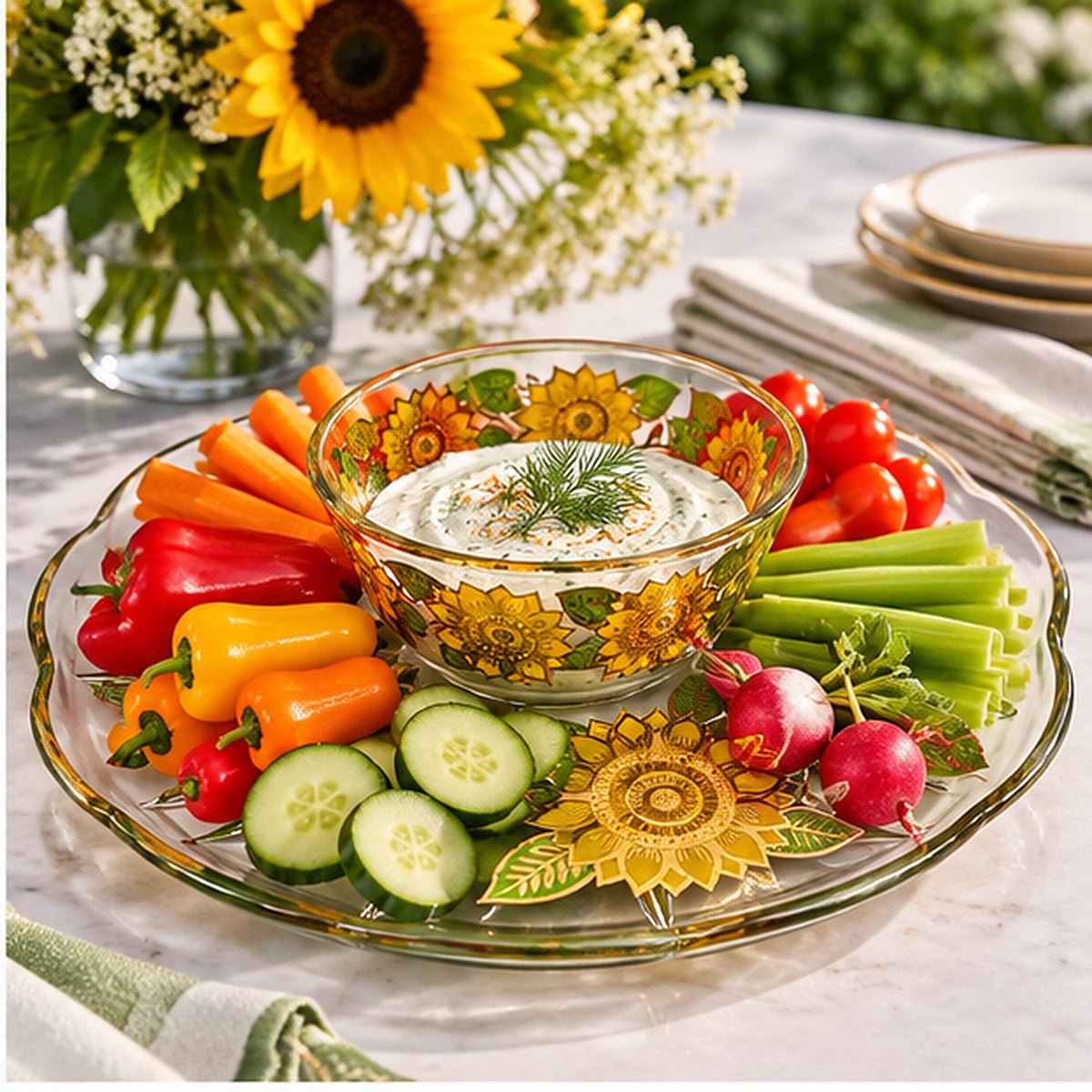 Georges Briard 22K Gold "Sunflowers" Chip &amp; Dip Crystal Platter