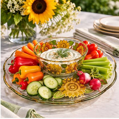 Georges Briard 22K Gold "Sunflowers" Chip &amp; Dip Crystal Platter