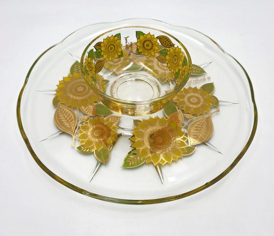 Georges Briard 22K Gold "Sunflowers" Chip &amp; Dip Crystal Platter
